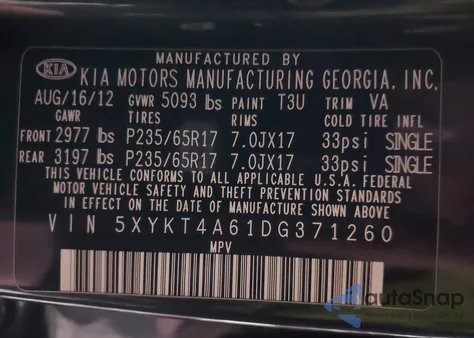 2013 Kia Sorento Lx z USA, uszkodzony, nr VIN 5XYKT4A61DG371260